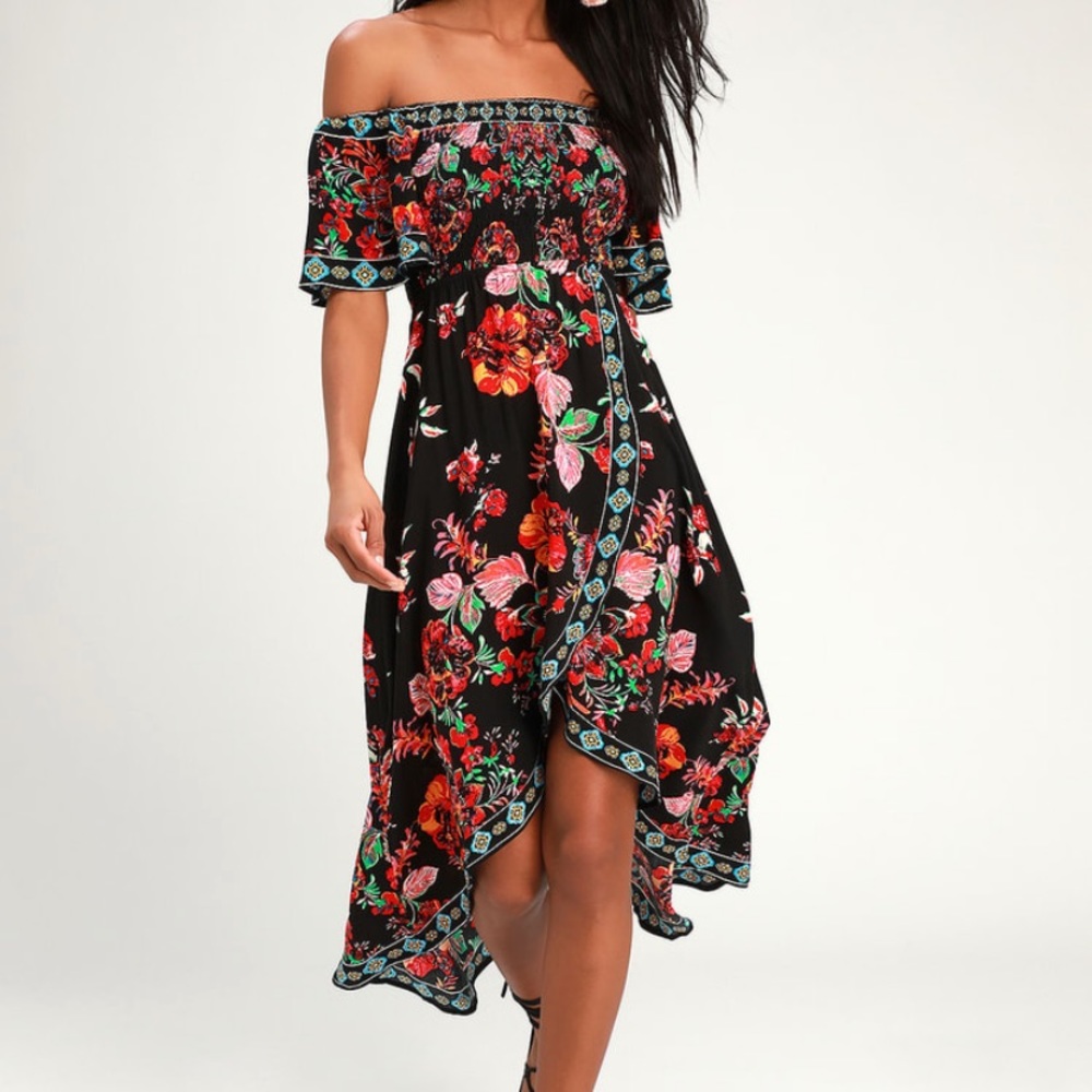 Lulus Danica Black Floral Print Smocked High-Low Maxi Dress